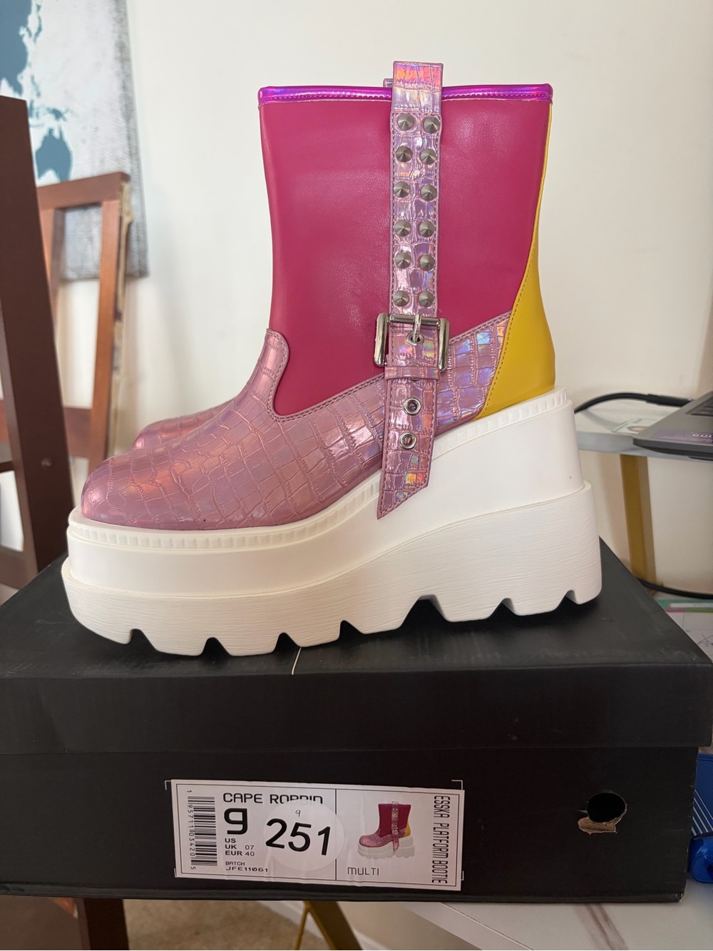 Cape Robbin Pink Iridescent Croc Platform Ankle Boots with Yellow Accent